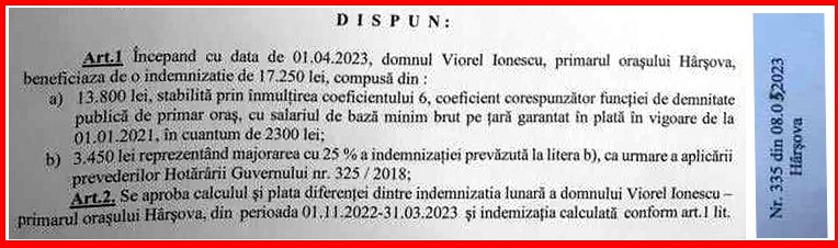 Dispozitie majorare indemnizatie primar Harsova Viorel Ionescu