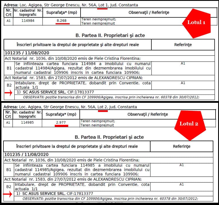 Asus Service SRL terenuri Agigea extrase carti funciare