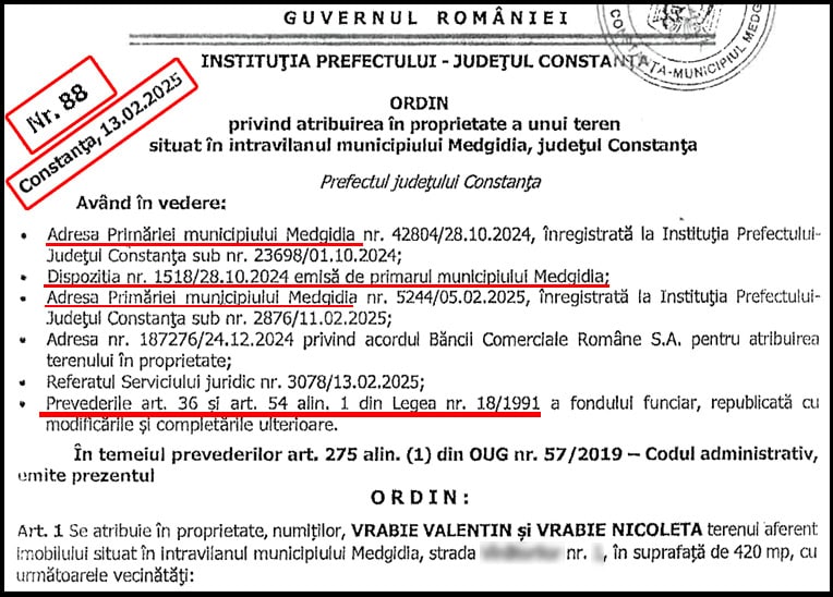 Ordinul Prefectului din februarie atribuire teren Vrabie Valentin Medgidia Ordinul Prefectului din februarie atribuire teren Vrabie Valentin Medgidia