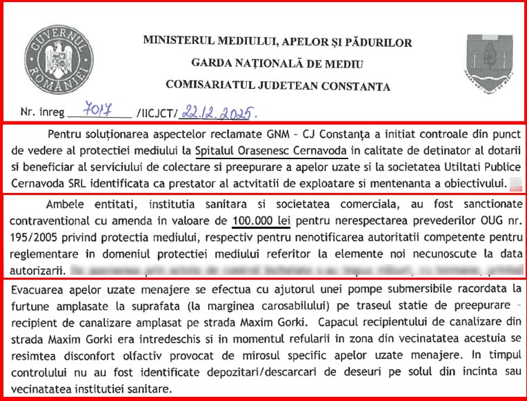 Garda de Mediu a amendat Spitalul Cernavoda